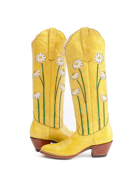 Yellow Almond-Toe Wide Calf Western Boots Knee High Tall Boots With Floral Inlay