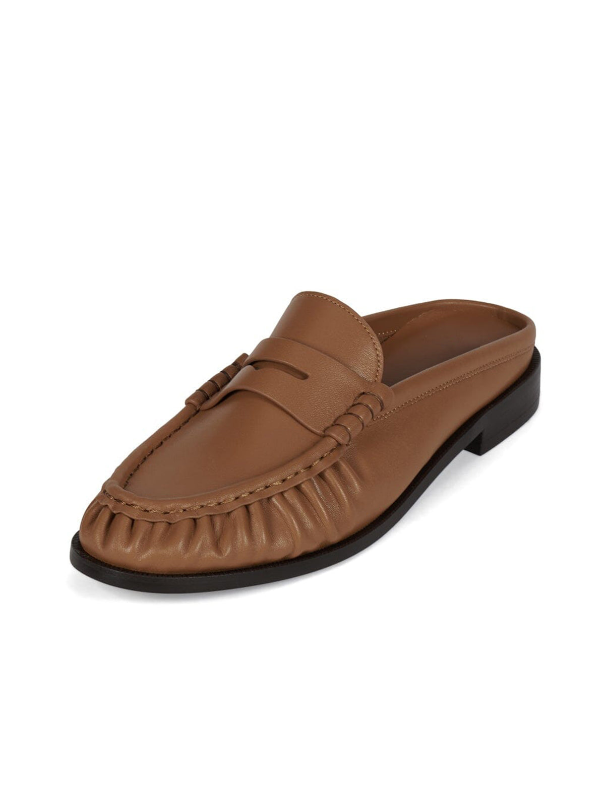 Round-Toe Backless Slip-On Loafer Mule Flats - Tan
