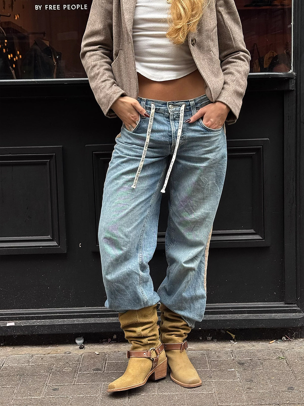 Beige Faux Suede Square-Toe Western Mid Calf Cowgirl Boots