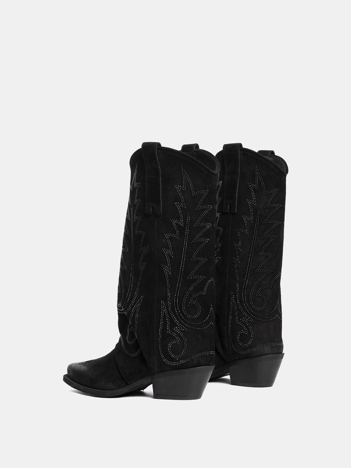 Black Snip-Toe Faux Suede Embroidery Classic Mid Calf Cowgirl Boots