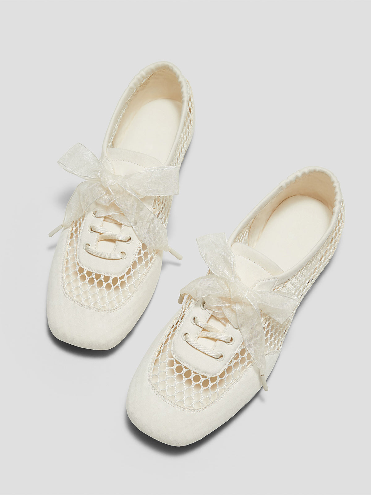 Ivory Mesh And Faux Suede Square-Toe Floral Embroidery Lace-Up Flats