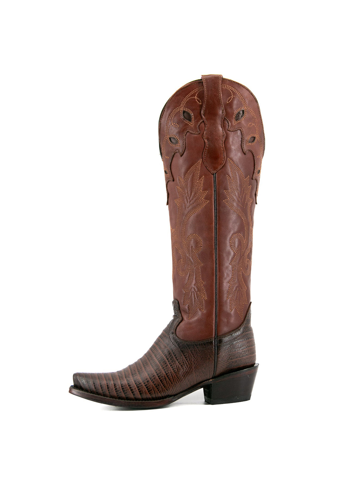 Brown Contrast Vegan Leather And Lizard-Embossed Vegan Leather Snip-Toe Embroidery Half-Zip Knee High Cowgirl Boots