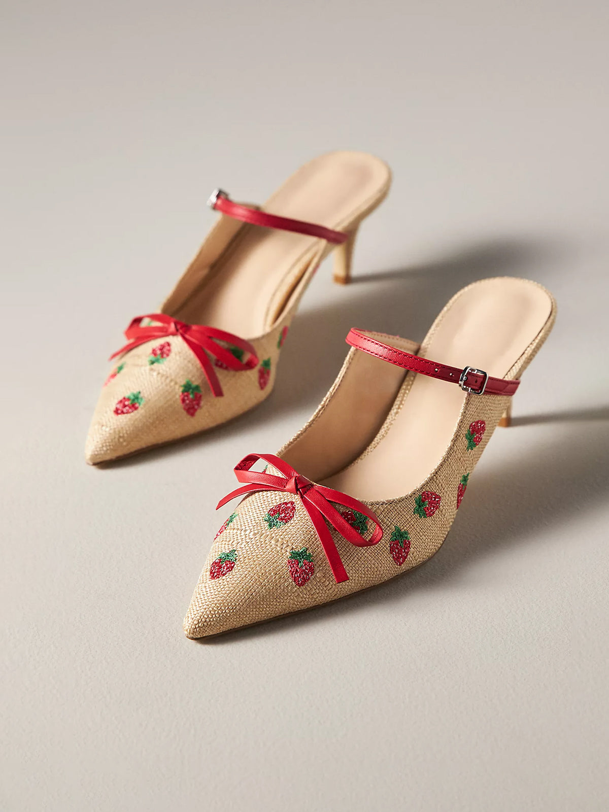 Pink Canvas Pointed-Toe Strawberry Embroidery Bridge Strap Kitten Heels With Bow