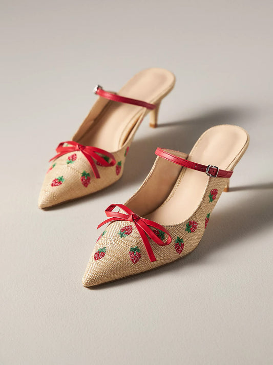 Pink Canvas Pointed-Toe Strawberry Embroidery Bridge Strap Kitten Heels With Bow