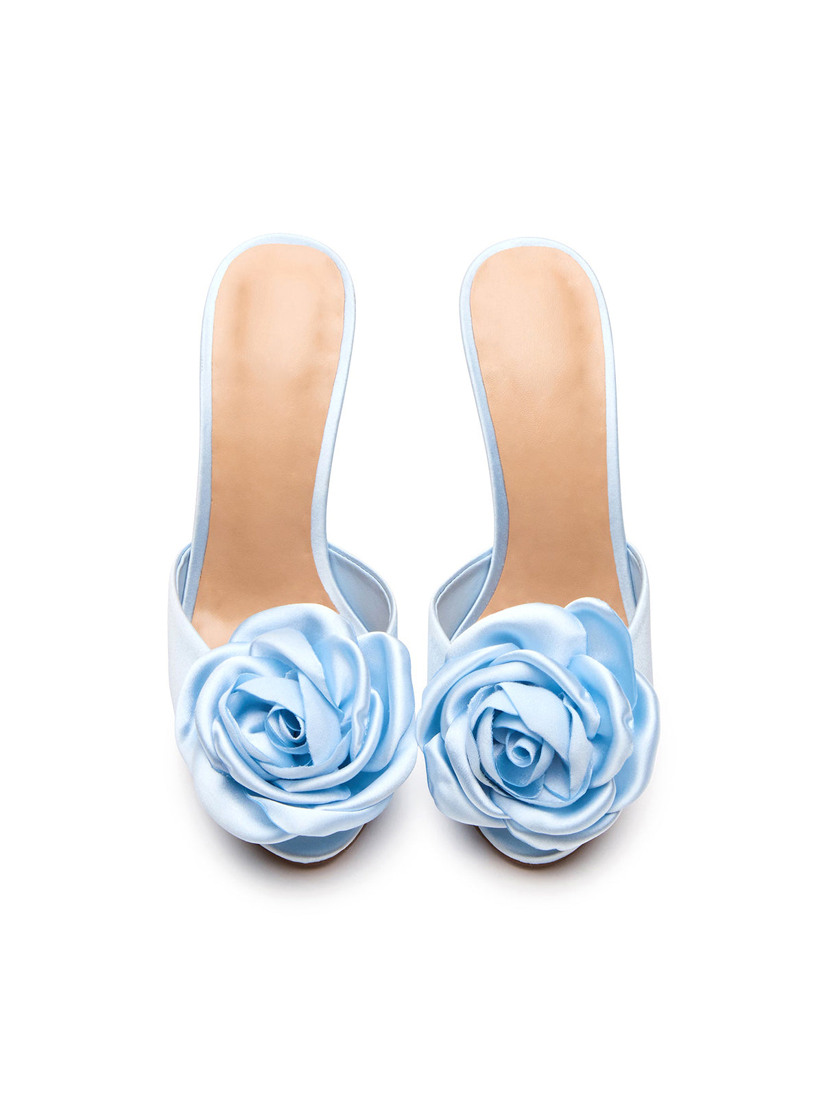 Blue Satin Round-Toe Backless High Heels With A Large Flower
