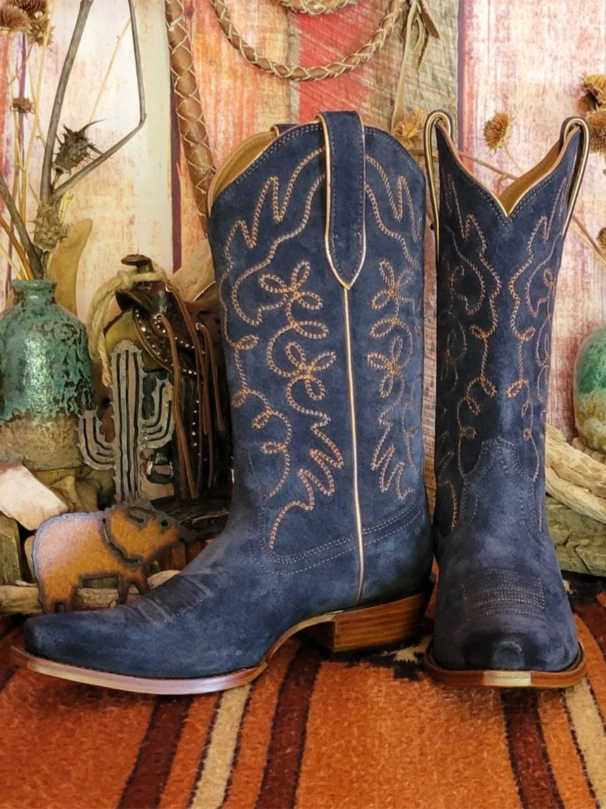 Faux Suede Embroidery Snip-Toe Wide Mid Calf Cowgirl Boots - Dark Blue