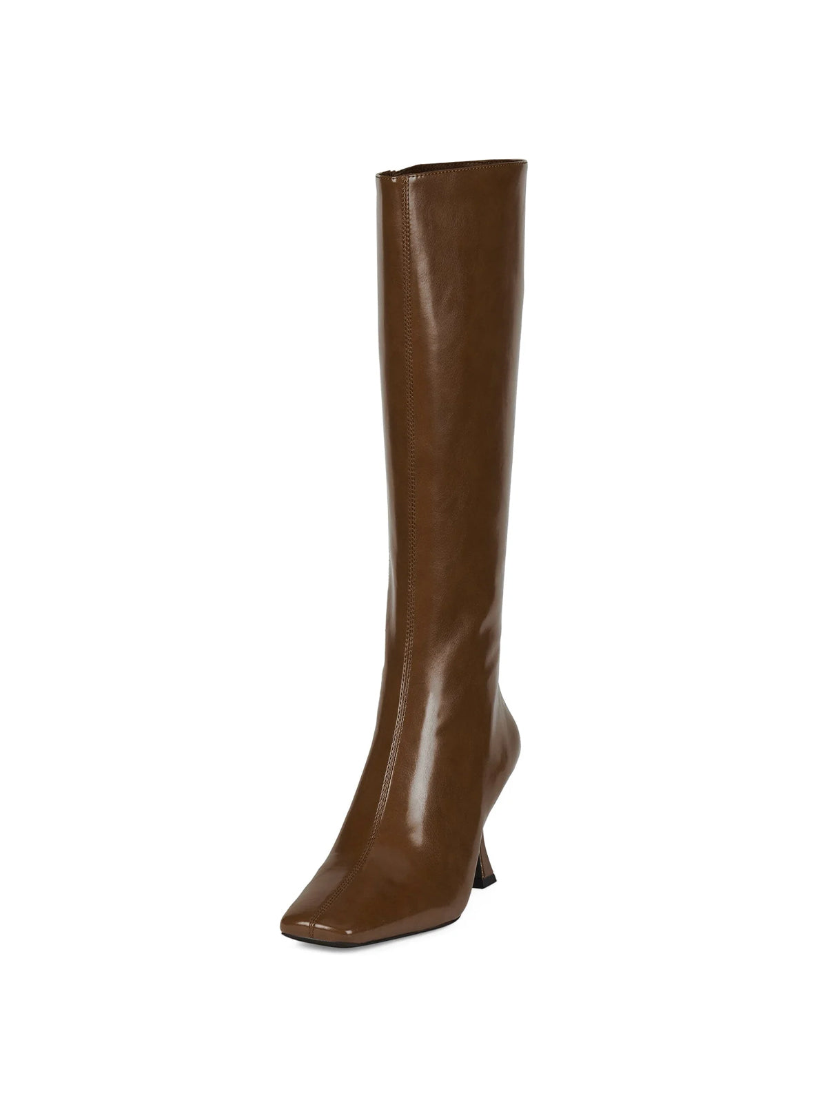 Dark Beige Square-Toe Wide Calf Simple Knee High Stiletto Boots