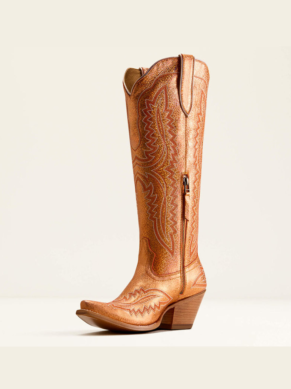 Western Embroidery Tall Snip-Toe Half-Zip Knee High Cowgirl Boots - Metallic Rose Gold