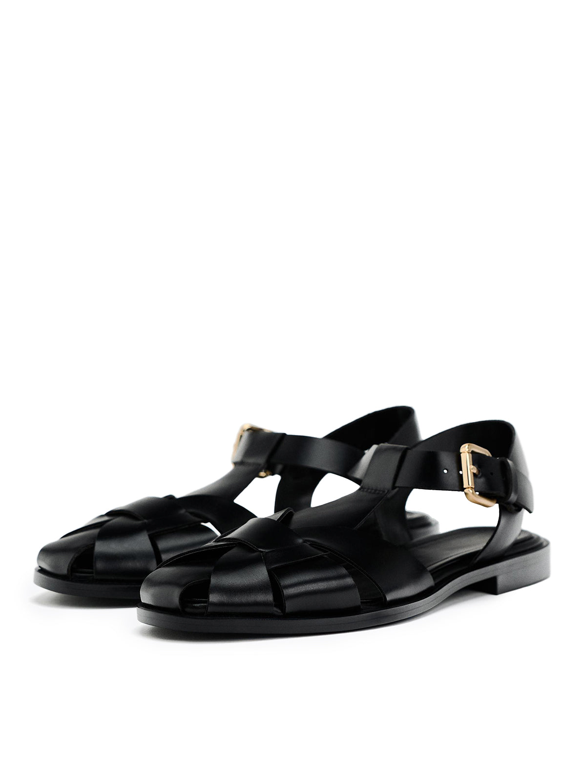 Black Round-Toe Ankle Strap Fisherman Sandals