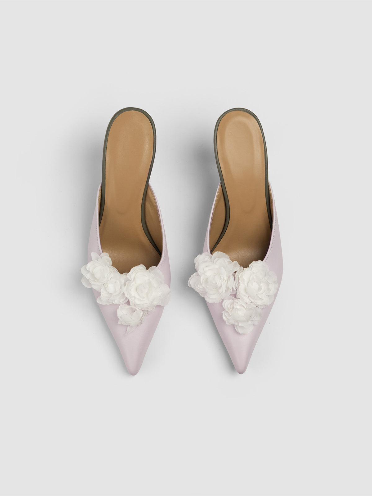 Light Lilac Pointed-Toe Front Floral Detail Backless Chic High Heels