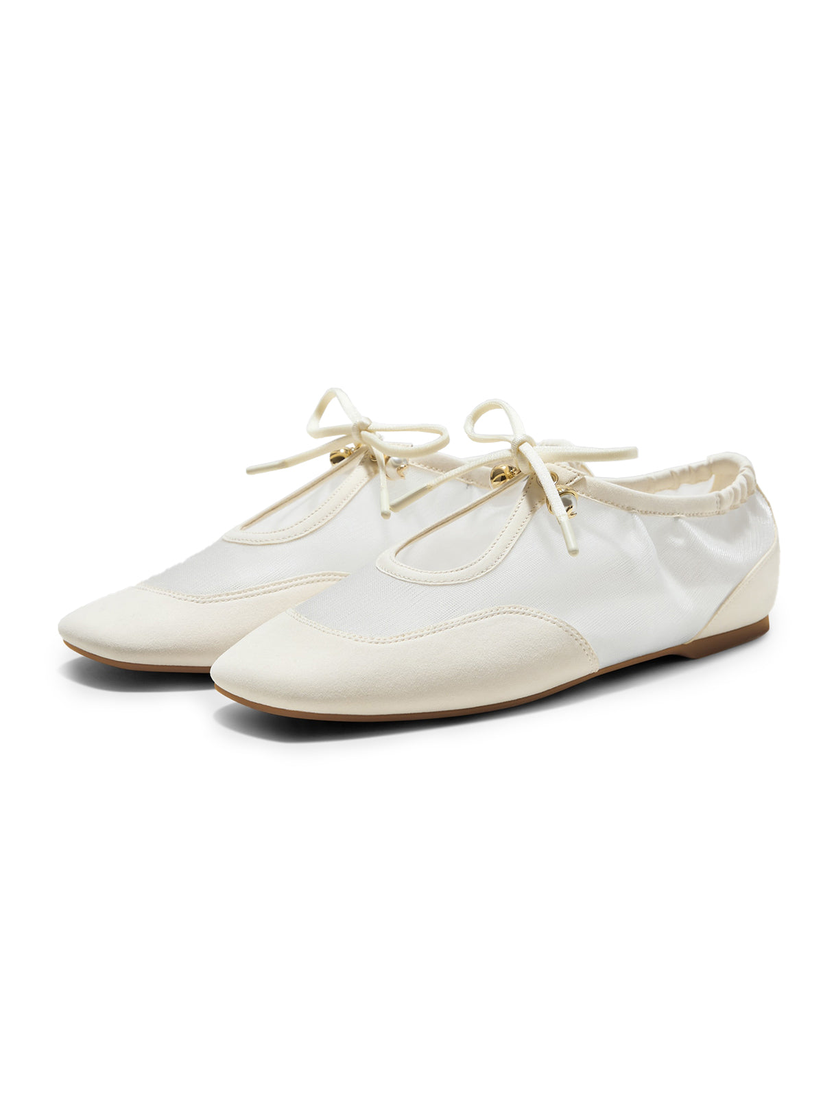 Ivory Mesh And Faux Suede Square-Toe Floral Embroidery Bridge Bow Strap Flats