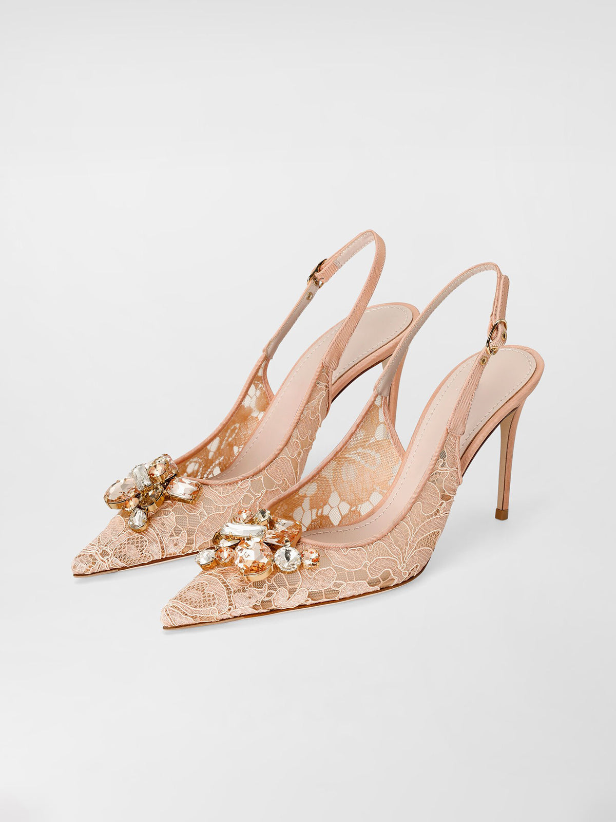 Blush Pink Lace Mesh Pointed-Toe Front Crystals Slingback High Heels Pumps