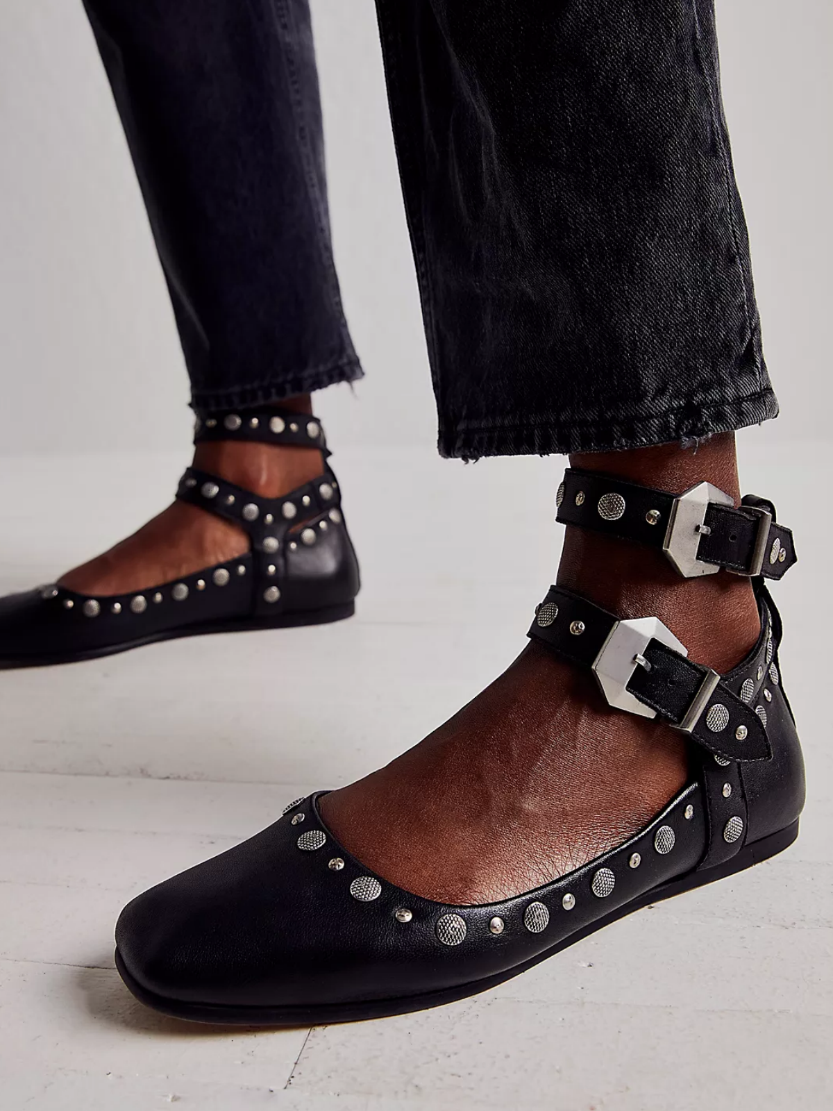 Black Square-Toe Studded Mary Janes Double-Strap Flats