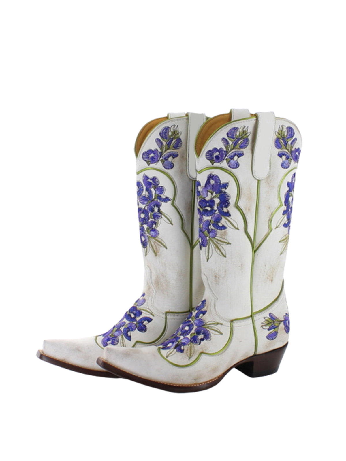 Каубойски ботуши до средата на прасеца с бродерия и сини цветя в цвят слонова кост с къси пръсти