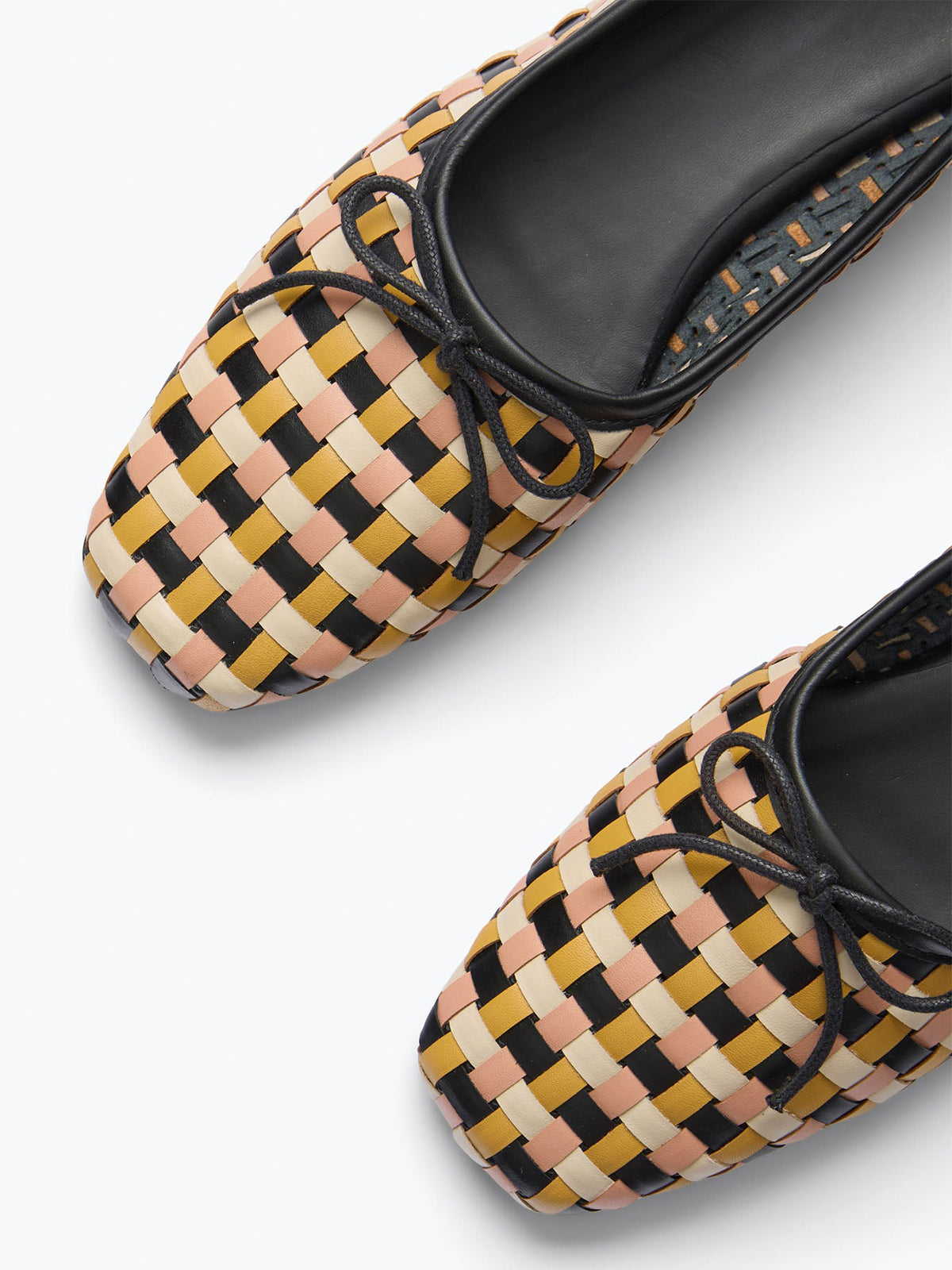 Woven Vegan Leather Square-Toe Front Bow Slip-On Ballet Flats - Plaid