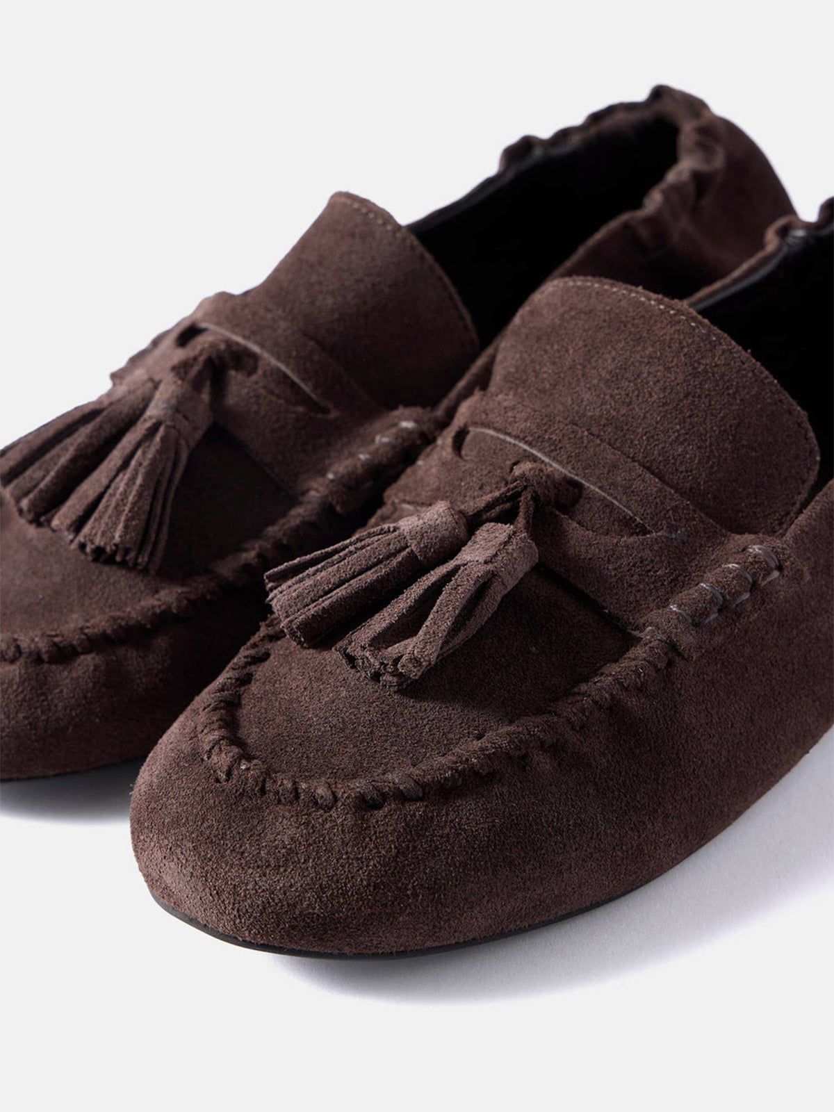 Brown Cow Suede Round-Toe Front Fringe Chic Loafers Slip-On Flats