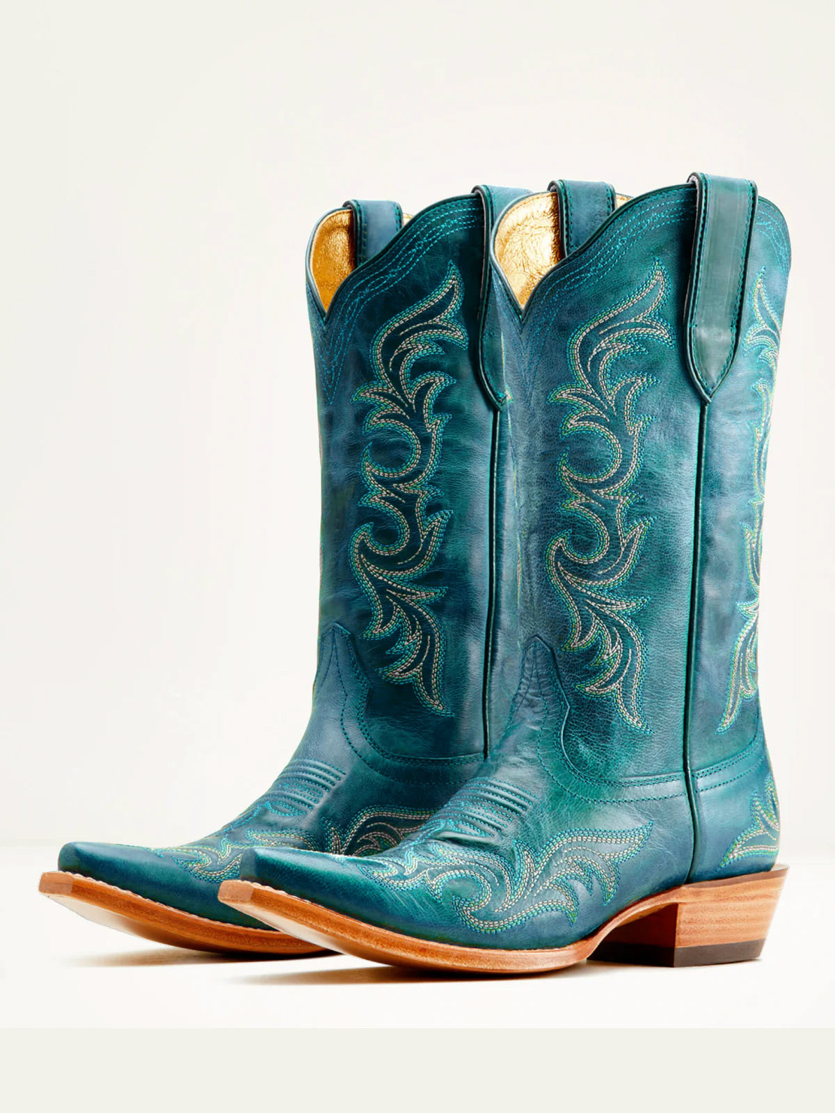 Turquoise Embroidery Snip-Toe Mid Calf Western Boots For Women