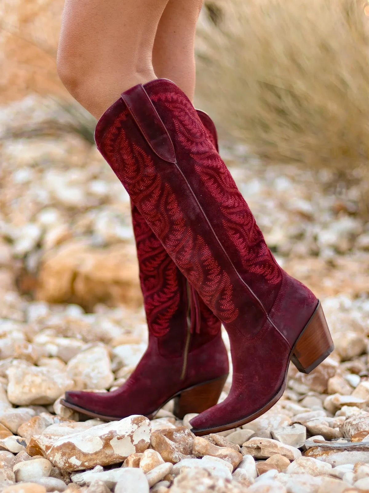 Embroidery Half-Zip Tall Knee High Faux Suede Snip-Toe Cowgirl Boots - Burgundy