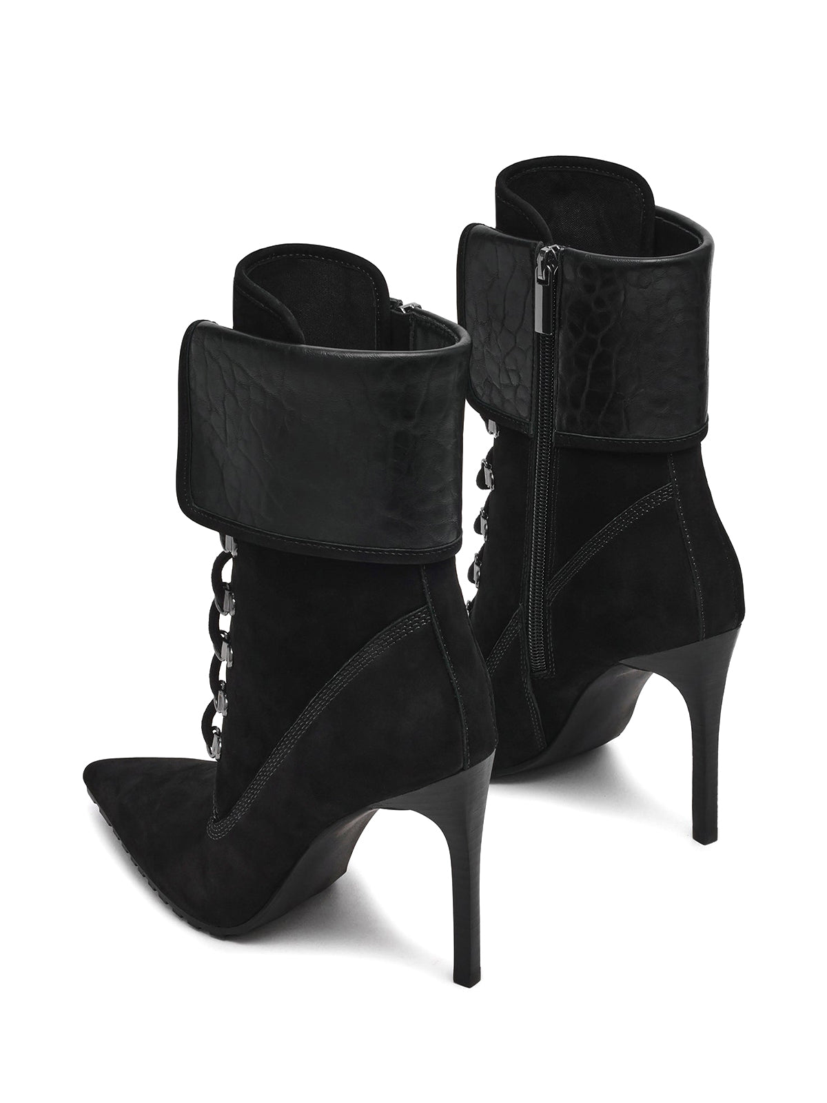 Black Pointed-Toe Lace-Up Chic Ankle Stiletto Boots