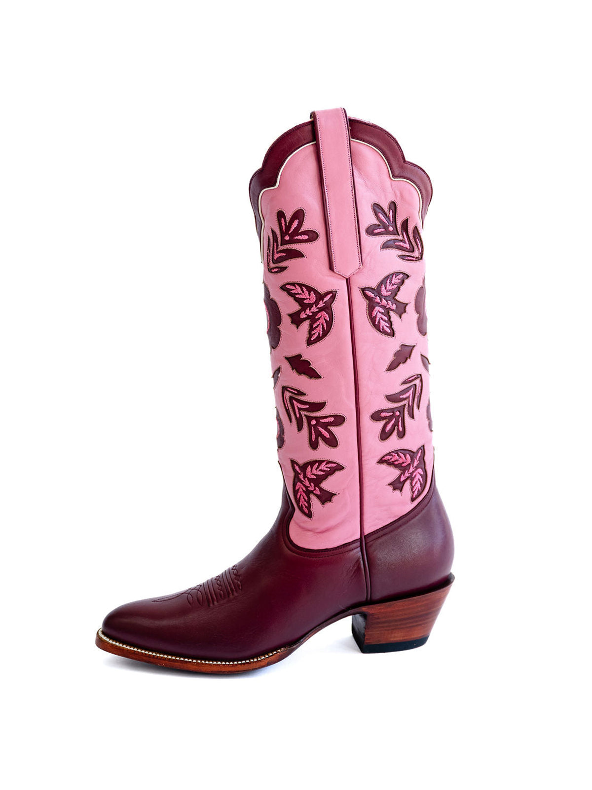 Pink And Maroon Round-Toe Birds Leaves Flowers Inlay Wide Calf Knee High Cowgirl Boots