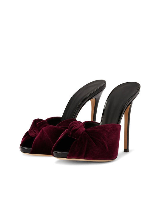 Burgundy Velvet Peep Round-Toe Backless Slip-On High Heels