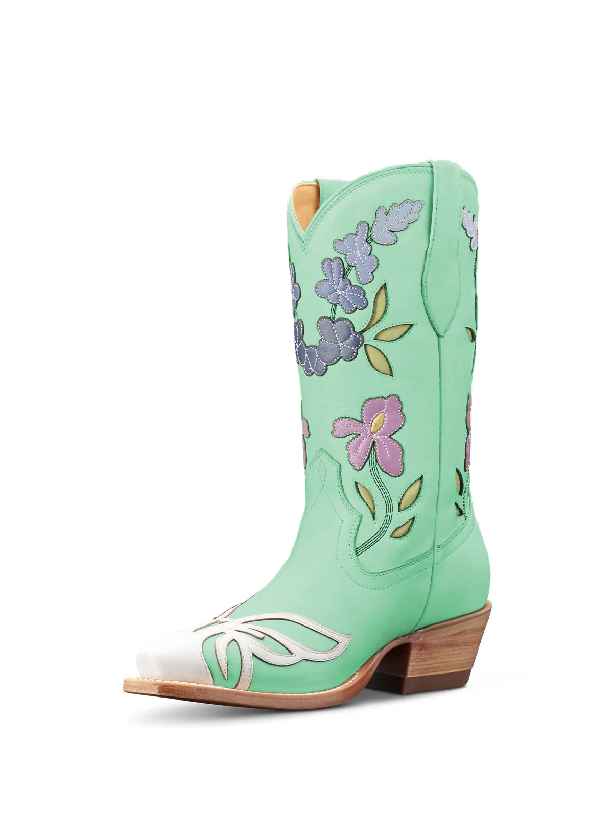 Green Snip-Toe Flower Applique Mid Calf Pull On Cowgirl Boots