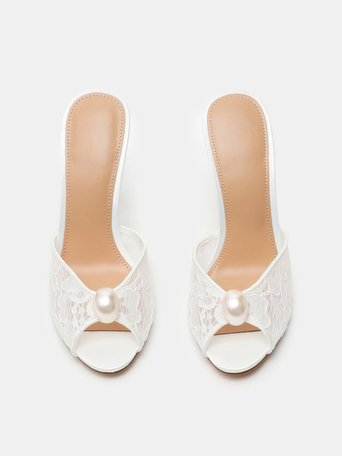 White Lace Mesh Peep Round-Toe Backless Slip-On High Heels