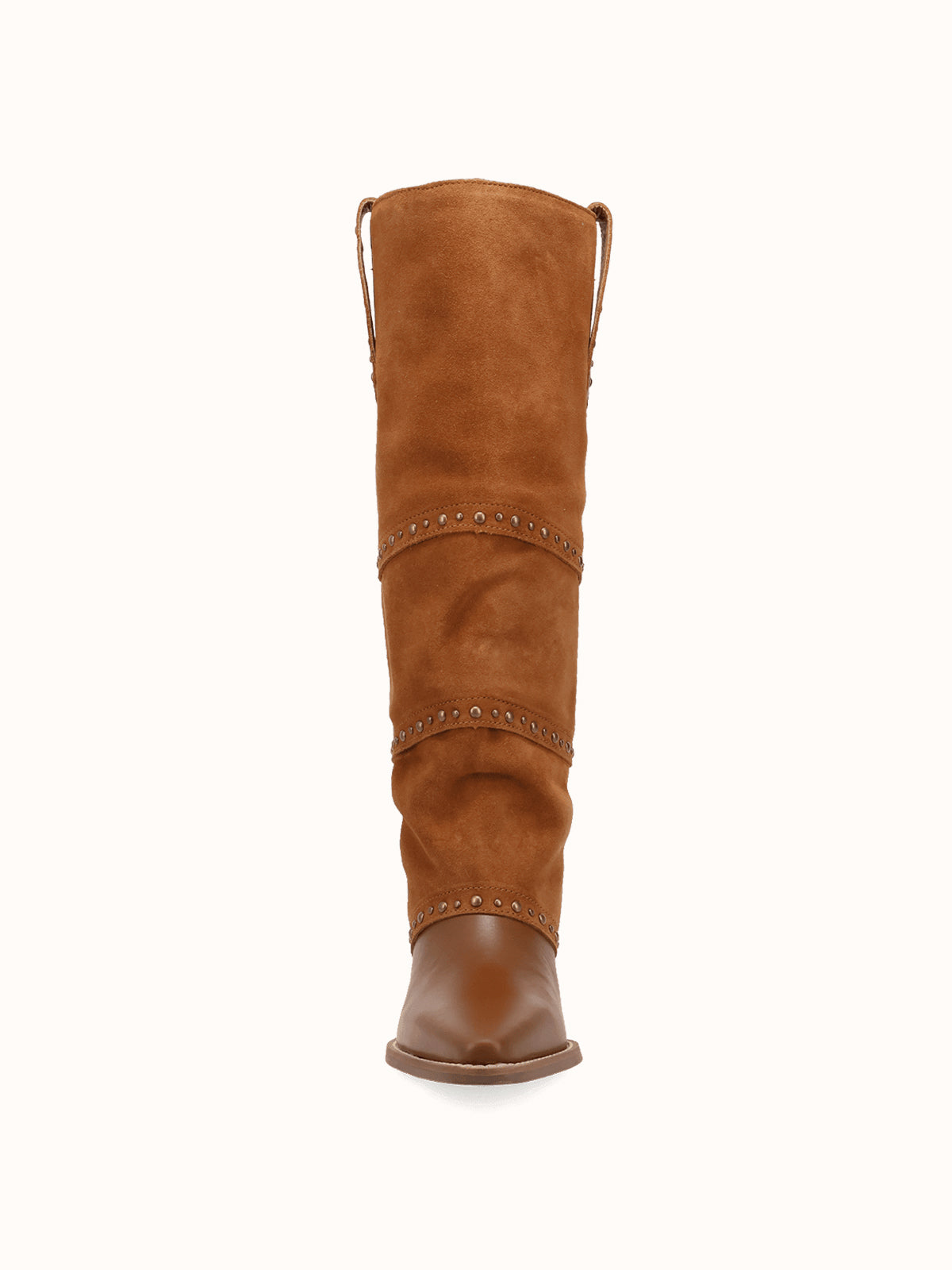 Brown Snip-Toe Faux Suede Fold-Over With Studs Wide Calf Knee High Cowgirl Boots