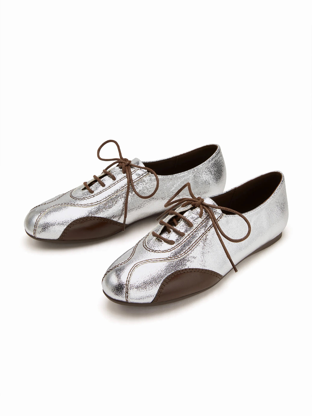 Metallic Silver Leather And Cow Leather Square-Toe Lace-Up Flats Sneakers