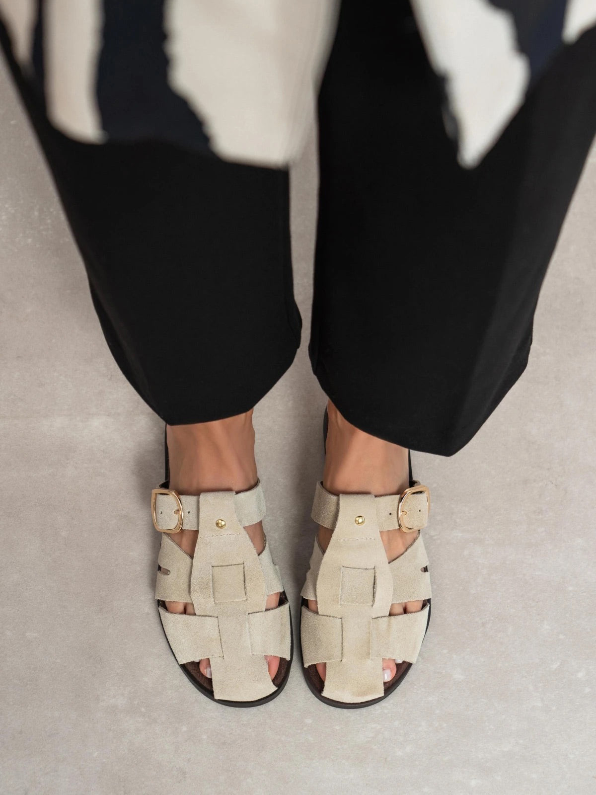 Beige Cow Suede Round-Toe Caged Detail Backless Flats