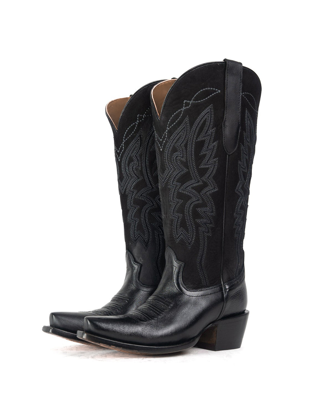 Western Snip-Toe Embroidery Half-Zip Mid Calf Cowgirl Boots - Classic Black