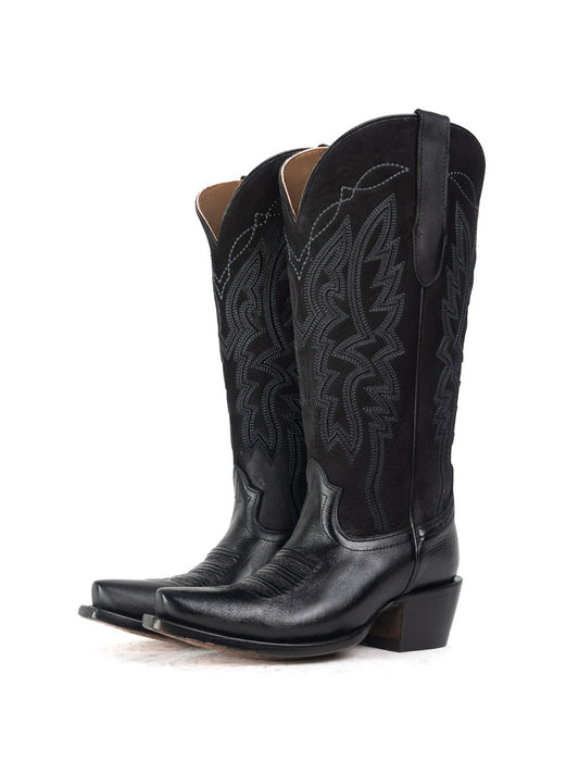 Western Snip-Toe Embroidery Half-Zip Mid Calf Cowgirl Boots - Classic Black