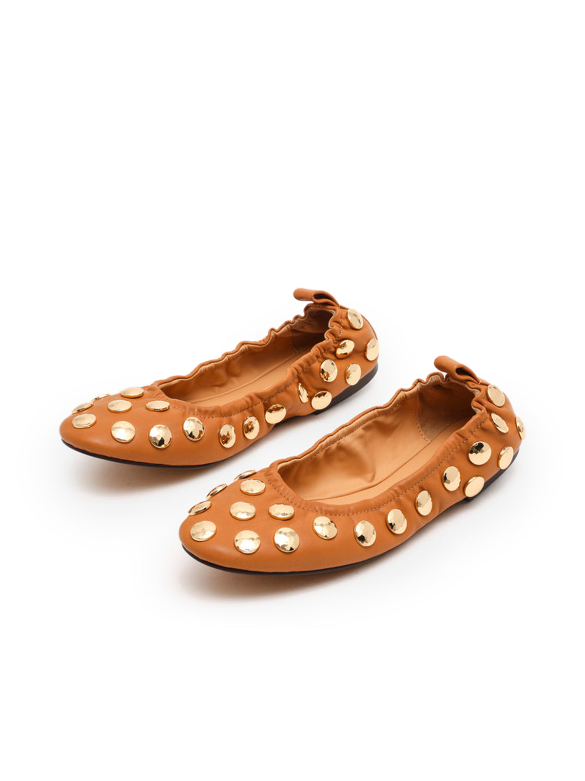 Tan Round-Toe Gold Studded Slip-On Ballet Flats