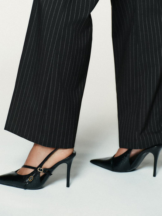 Black Snakeskin Print Pointed-Toe Side Buckle And Slingback High Heels