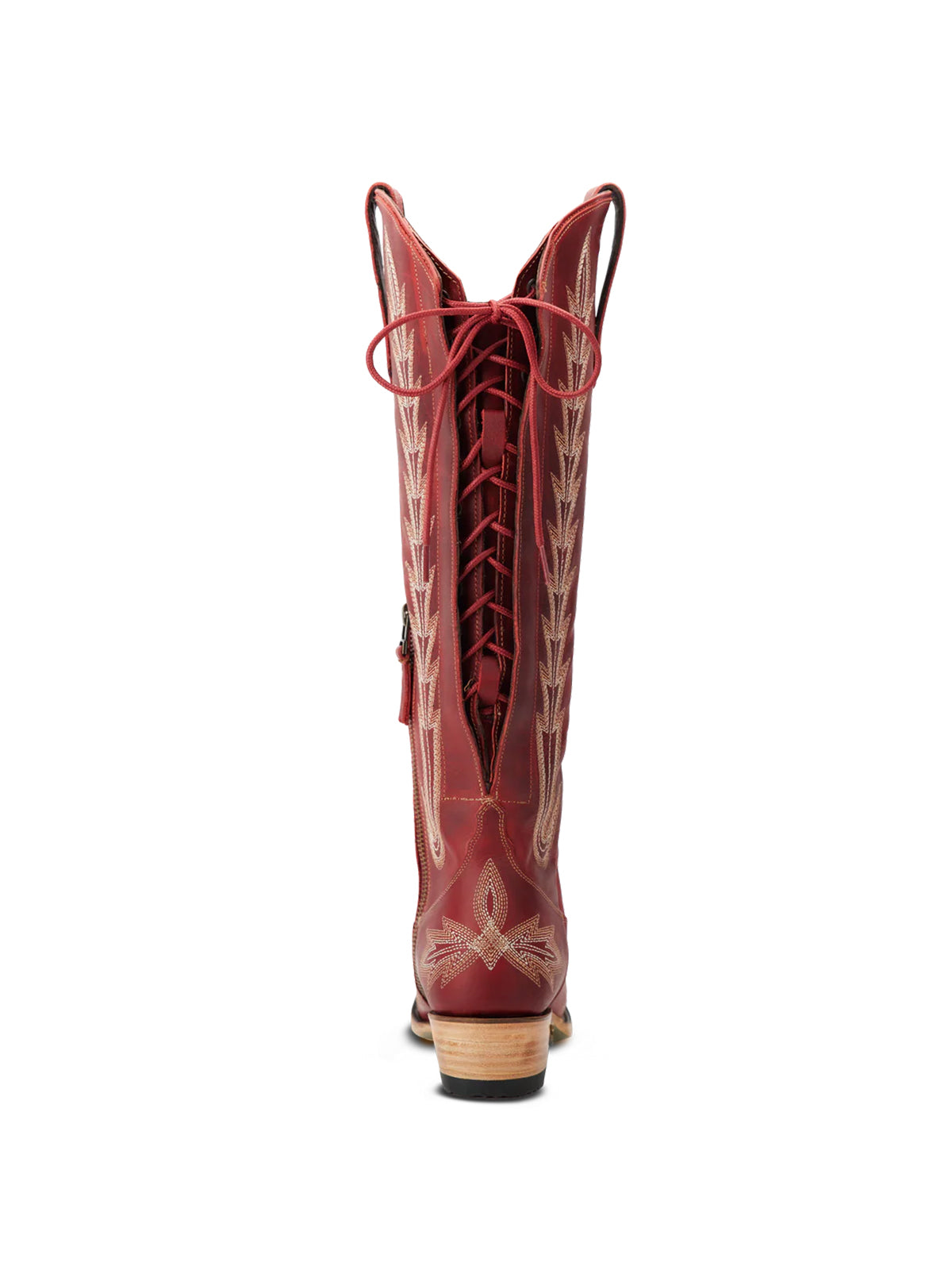 Snip-Toe Embroidery Half-Zip Back Lace-Up Knee High Cowgirl Boots - Ruby Red