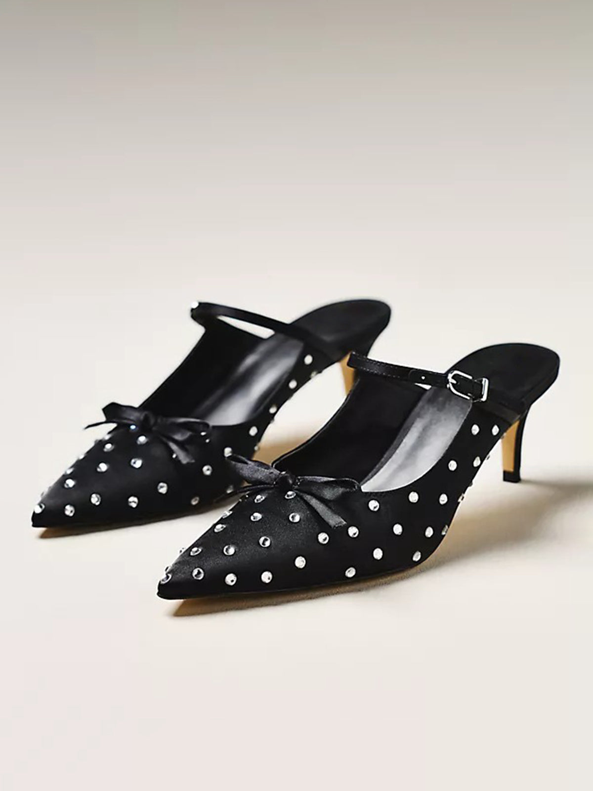 Black Rhinestone Satin Pointed-Toe Bridge Strap Kitten Heels With Bow