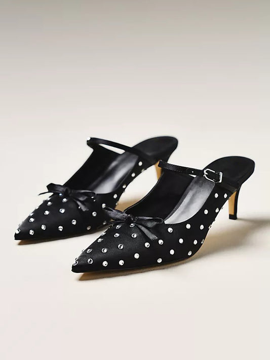 Black Rhinestone Satin Pointed-Toe Bridge Strap Kitten Heels With Bow