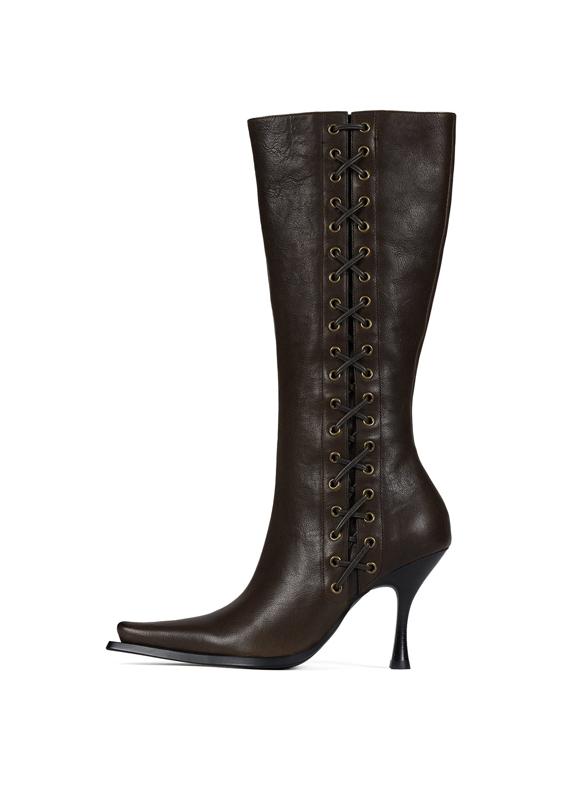 Dark Brown Pointed-Toe Side Lace-Up And Full-Zip Wide Calf Knee High Stiletto Boots