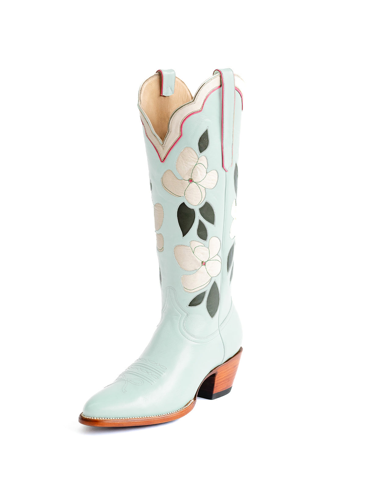 Mint Blue Almond-Toe White Flower Inlay Wide Calf Knee High Cowgirl Boots