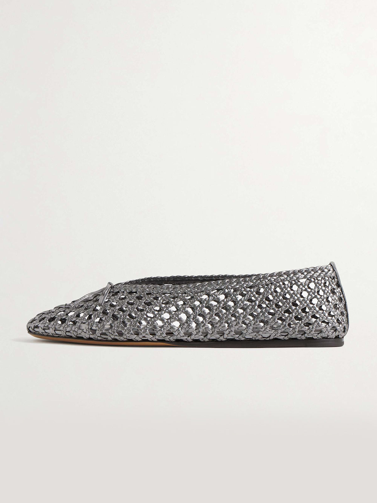 Woven Round-Toe Ballet Flats With Bow - Metallic Silver