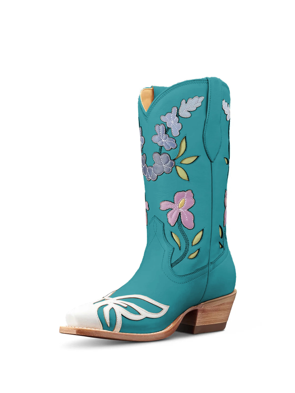 Teal Snip-Toe Flower Applique Mid Calf Pull On Cowgirl Boots