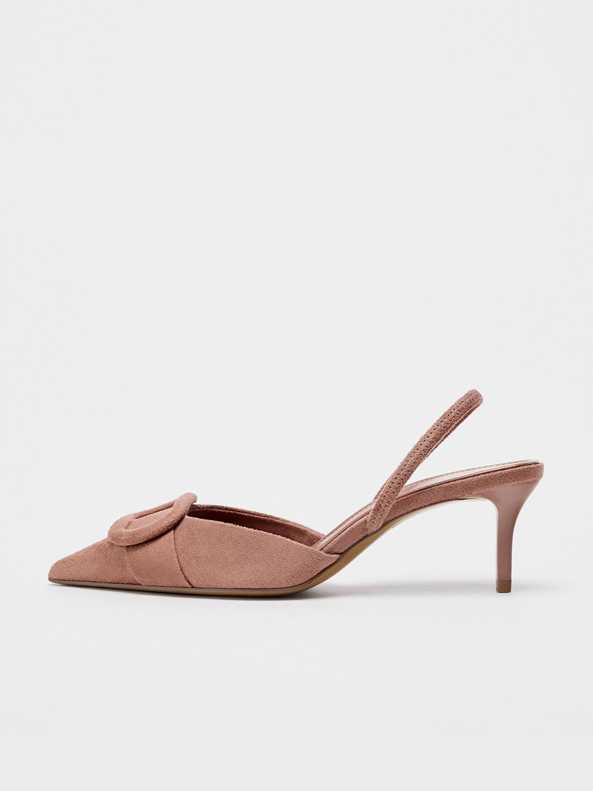 Pink Faux Suede Pointed-Toe Front Applique Slingback Kitten Heels