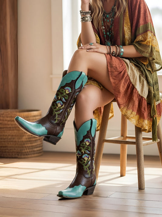 Contrast Brass And Turquoise Snip-Toe Colorful Flowers Embroidery Mid Calf Cowgirl Boots