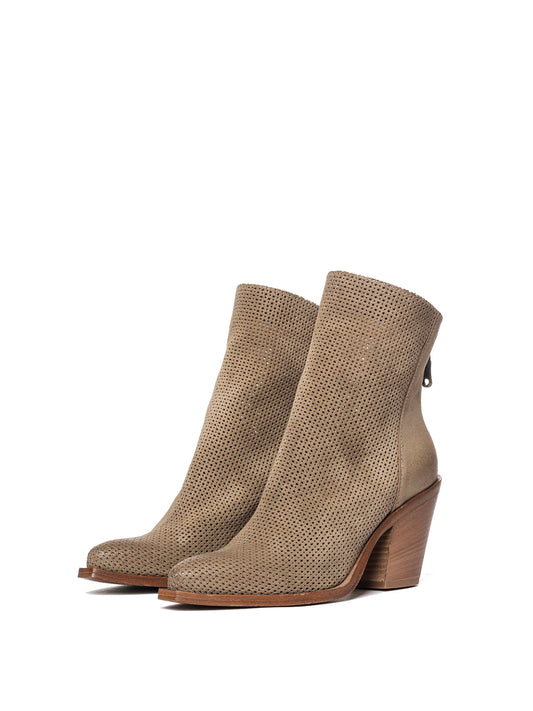 Dove Gray Faux Suede Snip-Toe Perforated Back Full-Zip Ankle Cowgirl Boots