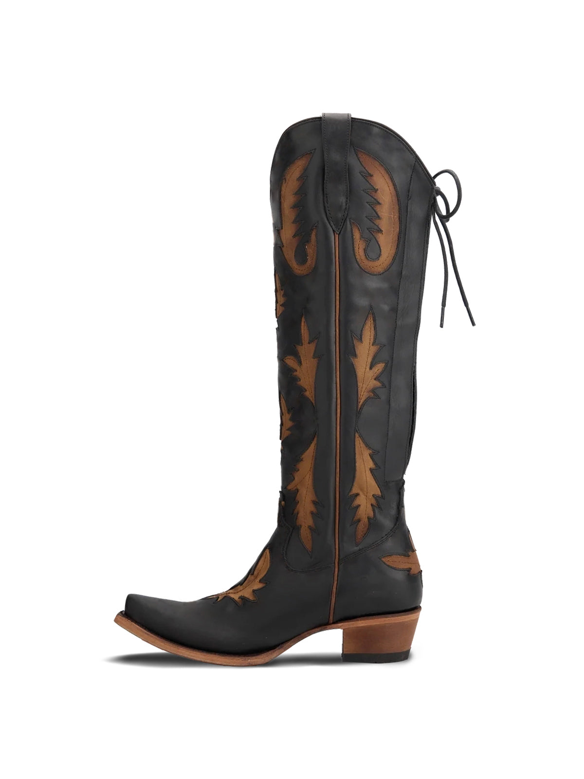 Half-Zip Snip-Toe Embroidery And Inlay Back Lace-Up Knee High Cowgirl Boots - Black