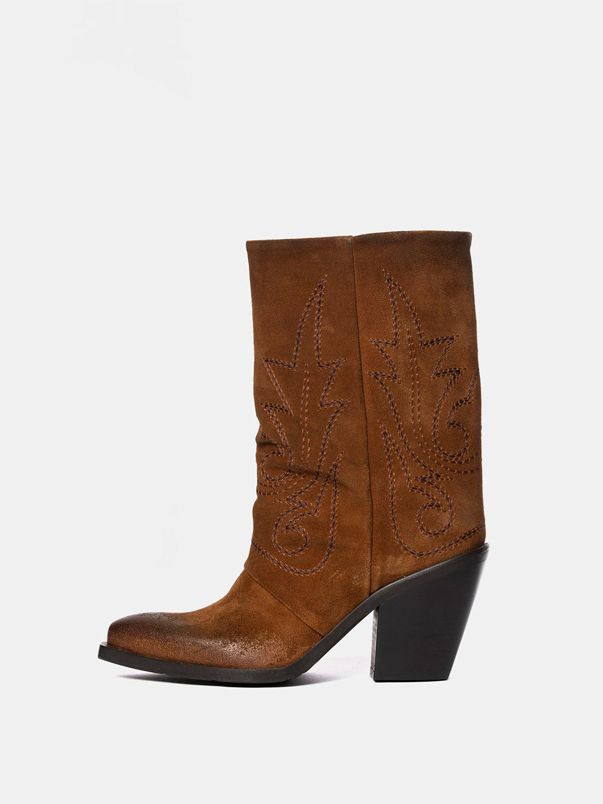 Brown Snip-Toe Faux Suede Embroidery Mid Calf Cowgirl Boots