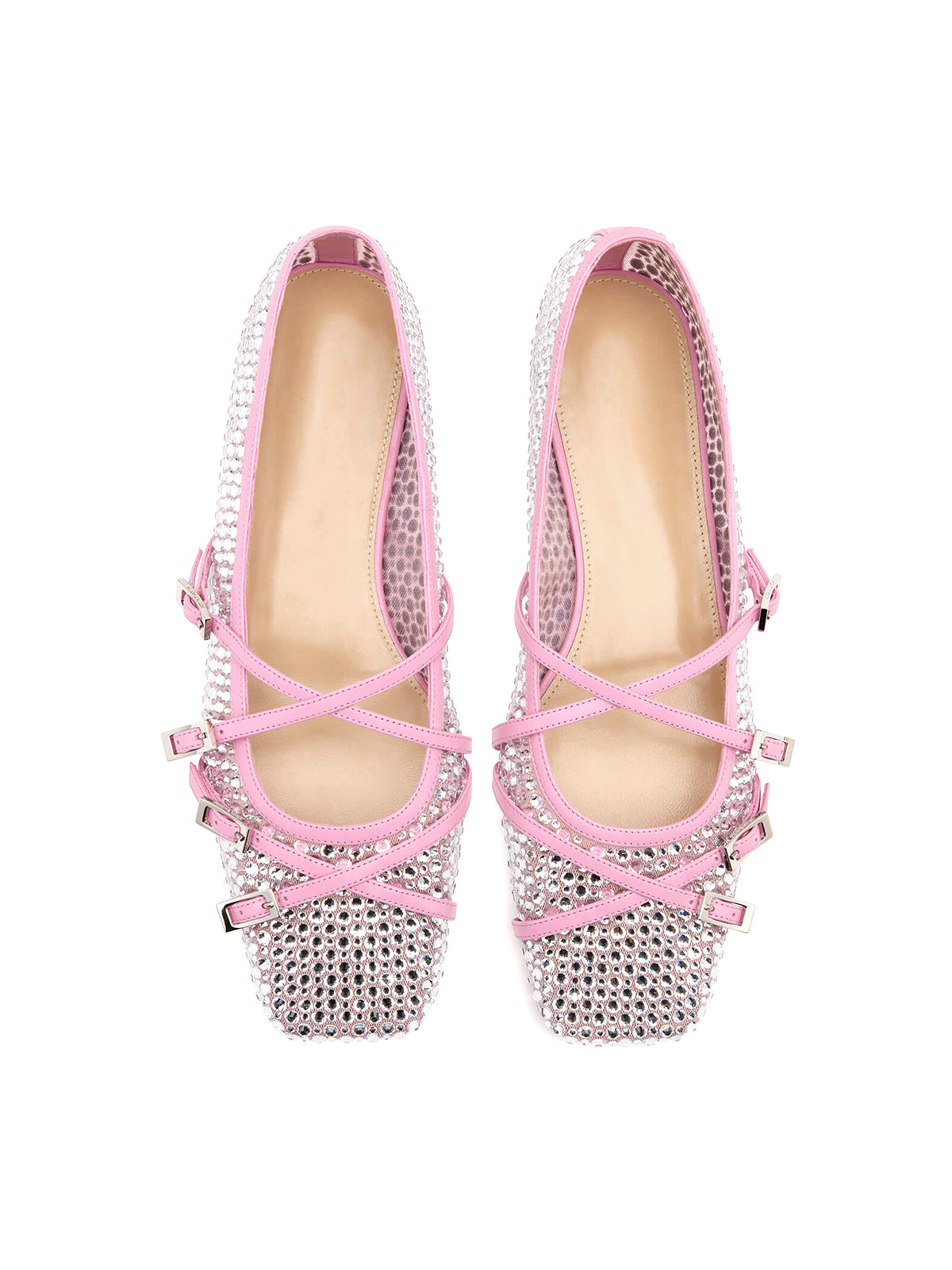 Pink Rhinestone Mesh Square-Toe Strappy Ballet Flats