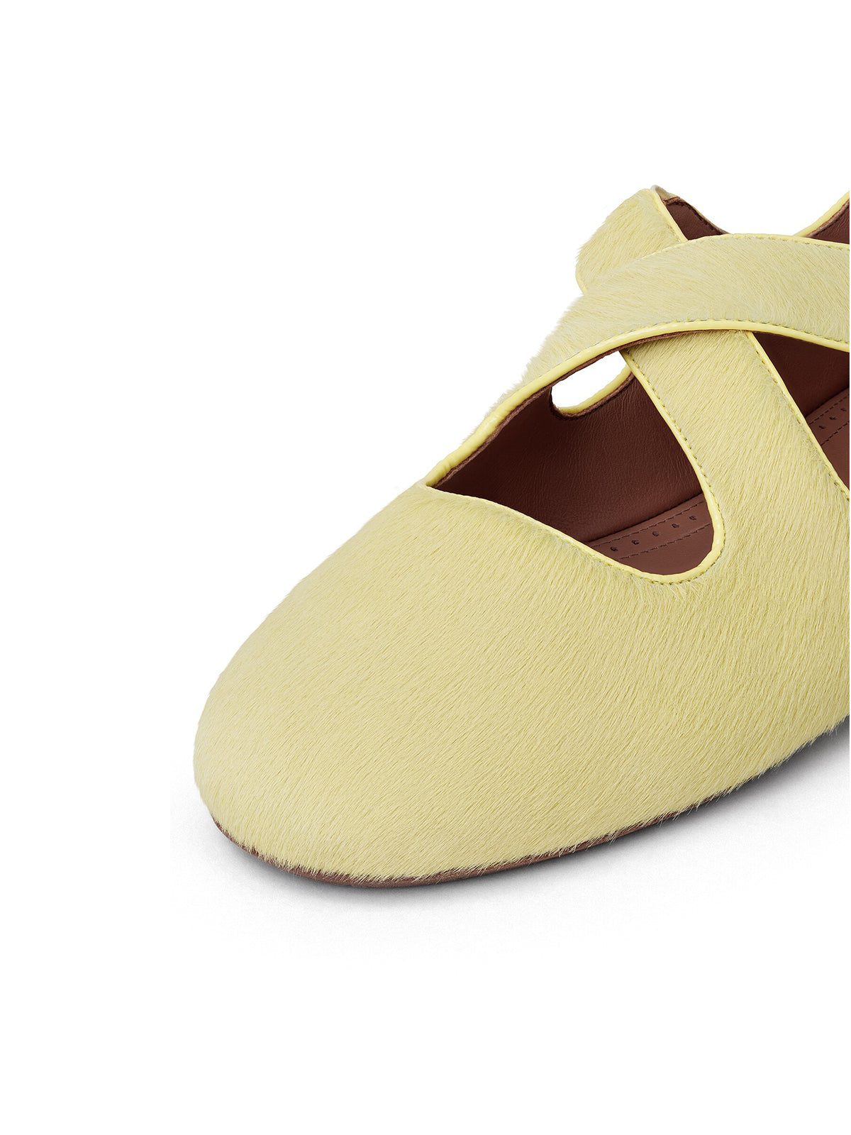 Light Yellow Pony Hair Round-Toe Criss Cross Strap Ballet Flats