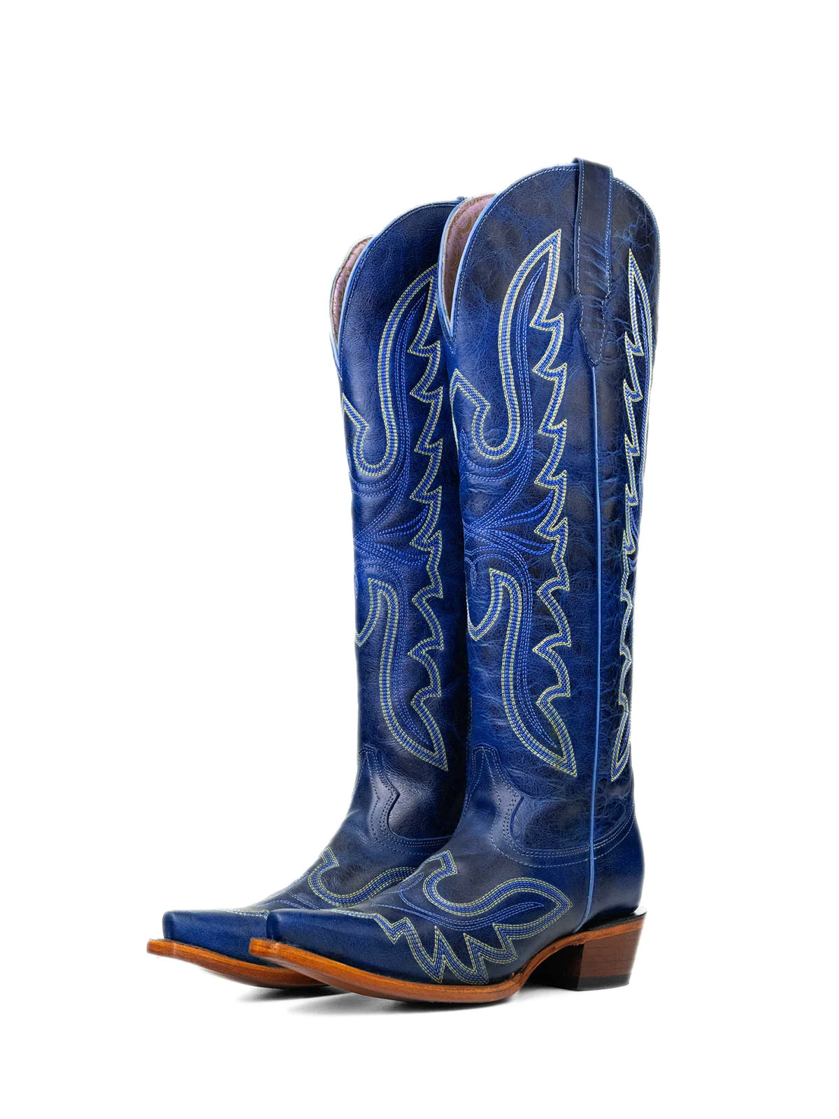 Distressed Blue Snip-Toe Embroidery Knee High Tall Half-Zip Cowgirl Boots