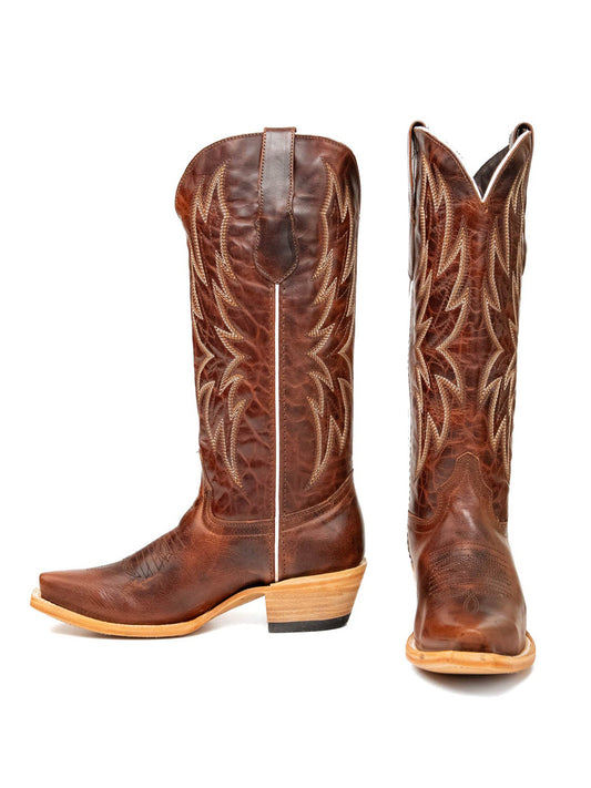 Cognac Western Snip-Toe Embroidery Mid Calf Chic Cowgirl Boots